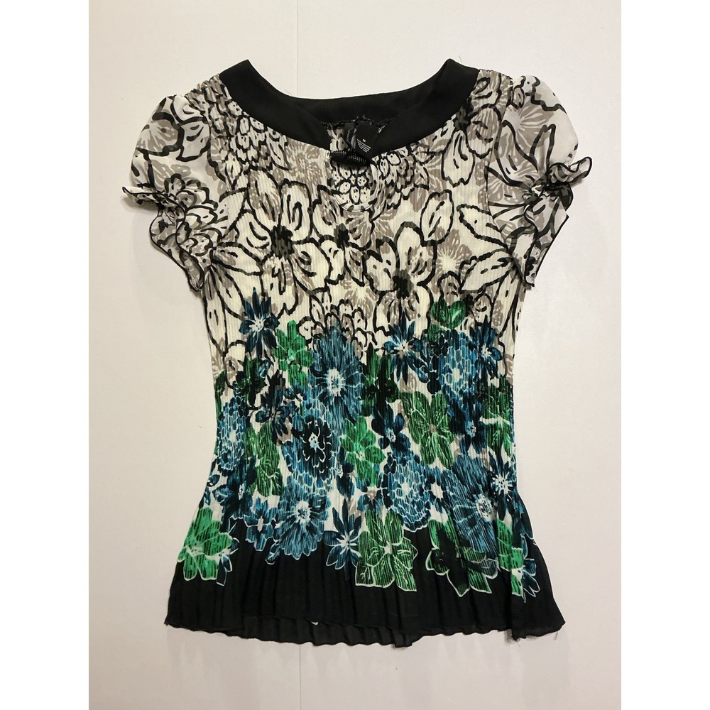 Y2K Fairy Floral Plissé Top Whimsigoth Women M Short Sleeve Pleated Blouse